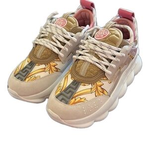 Versace Gold Hibiscus Baroque Print Pink Chain Reaction Trainers EU 37 US Wmns 7
